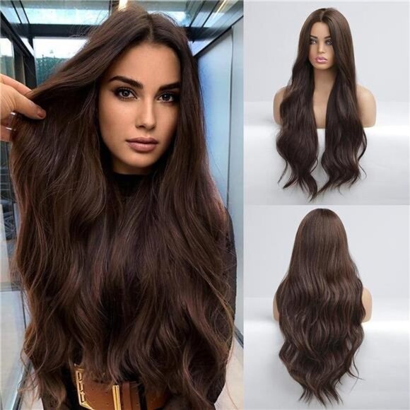 Wigs for Women Layered Synthetic Hair Wig with Highlight - Dark brown